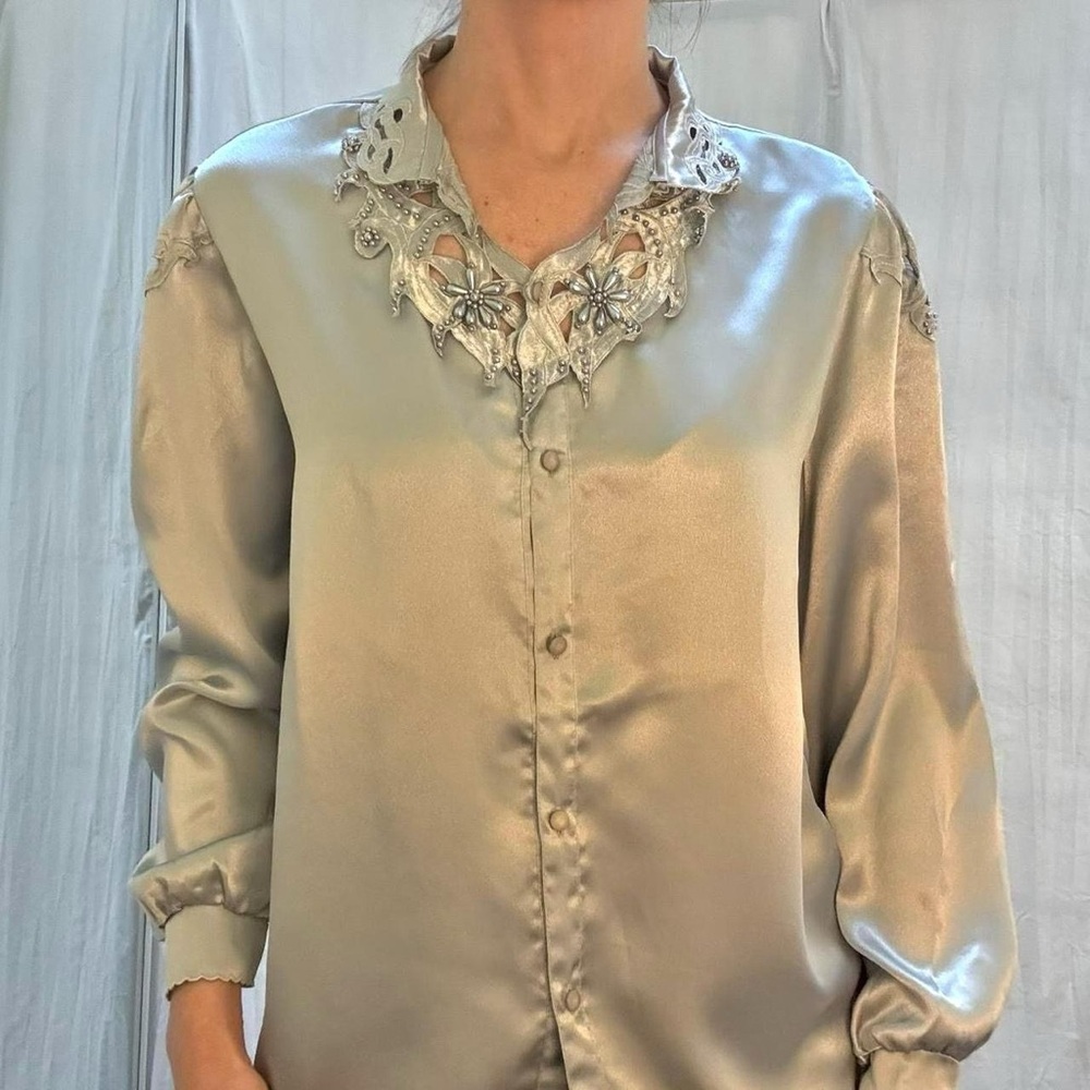 Blue Silver Satin Blouse with‎ Cutout and Beading Detailing Vintage 80s Whimsy